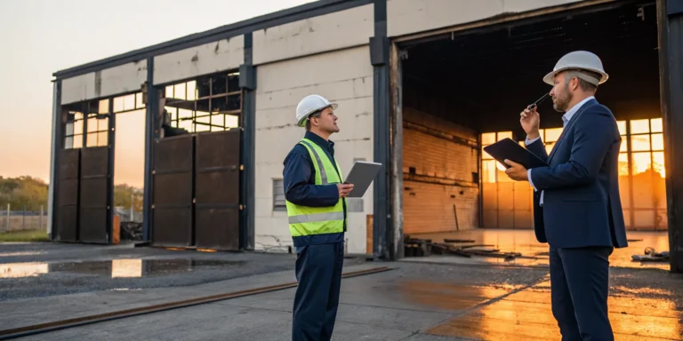 Warehouse fire insurance claim lawyer assessing damage outside a burned warehouse.