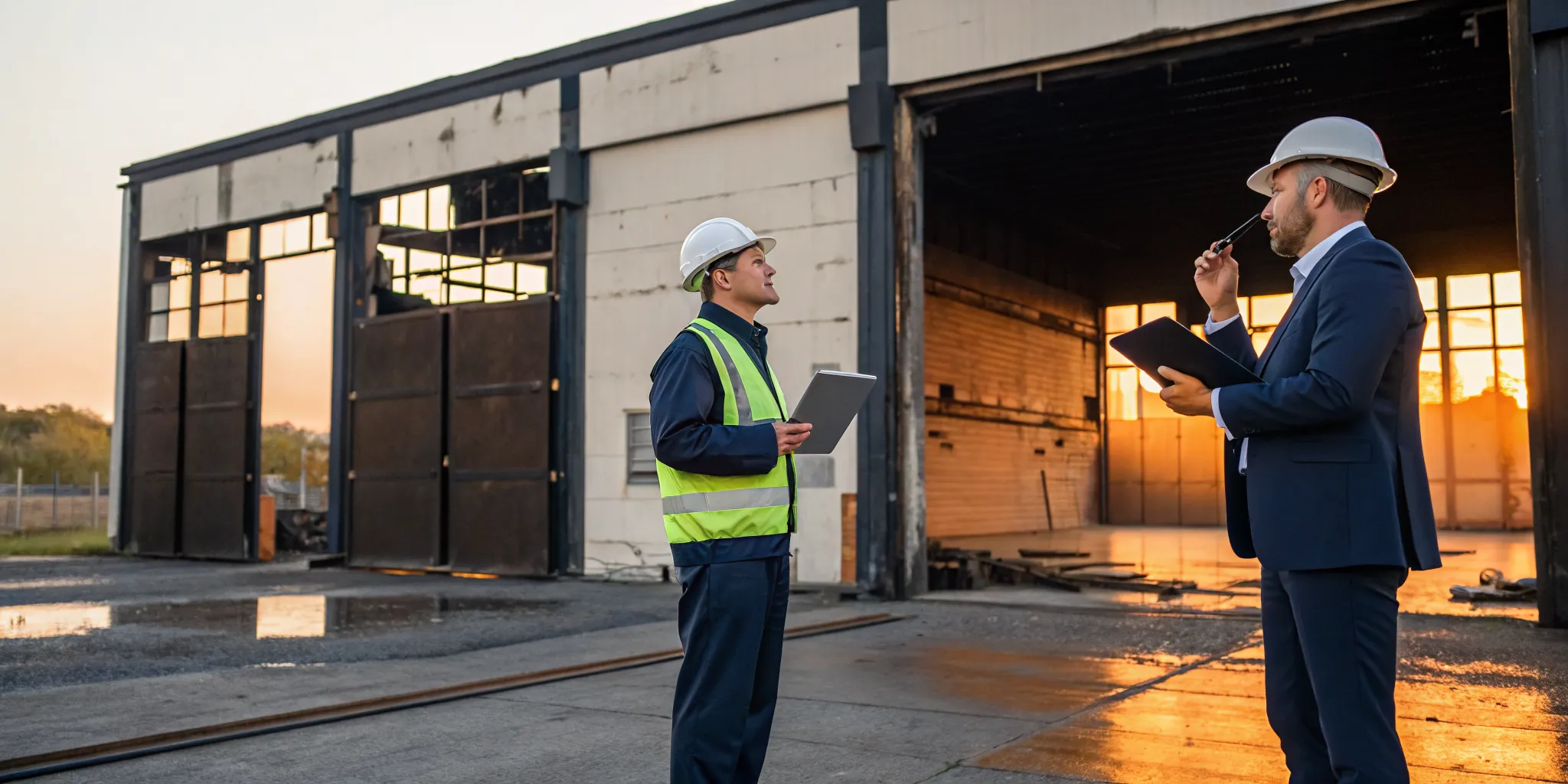 Warehouse fire insurance claim lawyer assessing damage outside a burned warehouse.