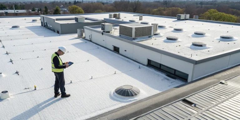 Commercial property roof inspection for a hail damage insurance claim.
