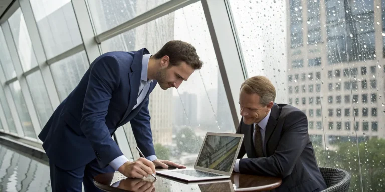 Contingency fee lawyer discussing a storm damage business claim with a client.