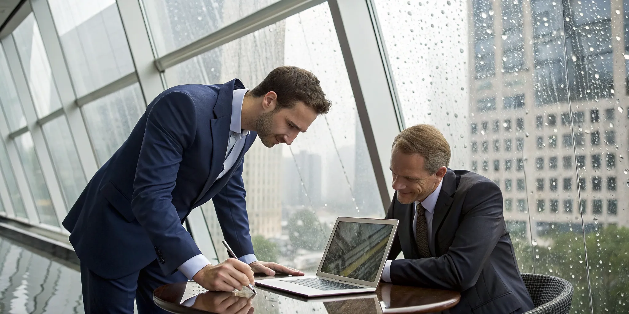 Contingency fee lawyer discussing a storm damage business claim with a client.