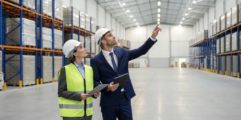 An insurance lawyer inspects a damaged warehouse roof to document evidence for a property claim.