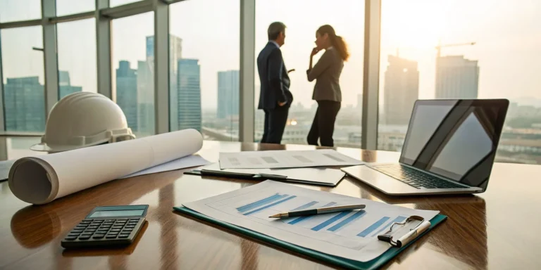 Disputing a low commercial property insurance settlement with claim documents, a calculator, and a hard hat.