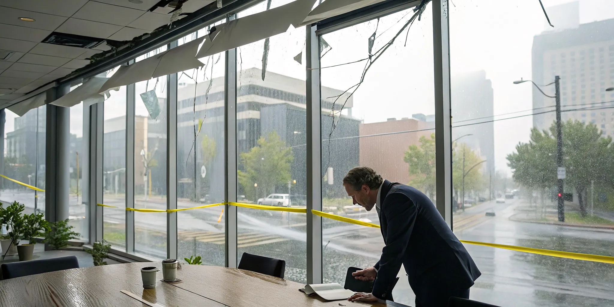 Business owner reviewing a denied wind damage insurance claim in a storm-damaged office.