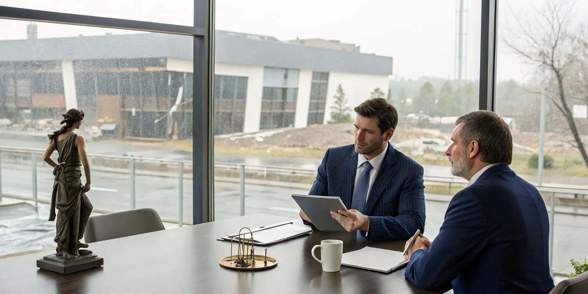 Two lawyers discuss a commercial building's wind damage claim.