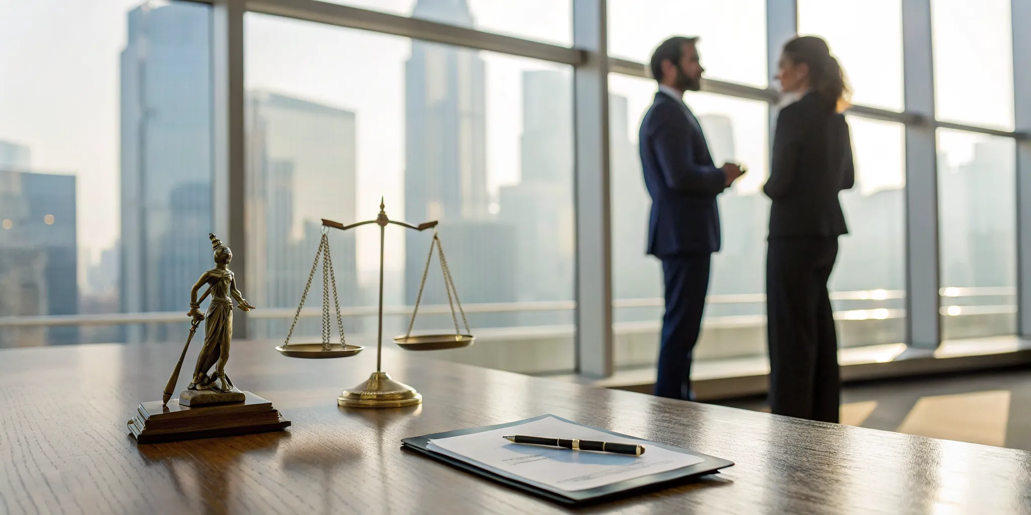 A negligence lawyer and a colleague discussing a case in their law office with scales of justice on the desk.