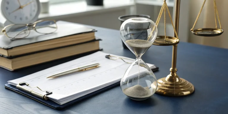 Texas statute of limitations for insurance negligence with an hourglass and legal scales.