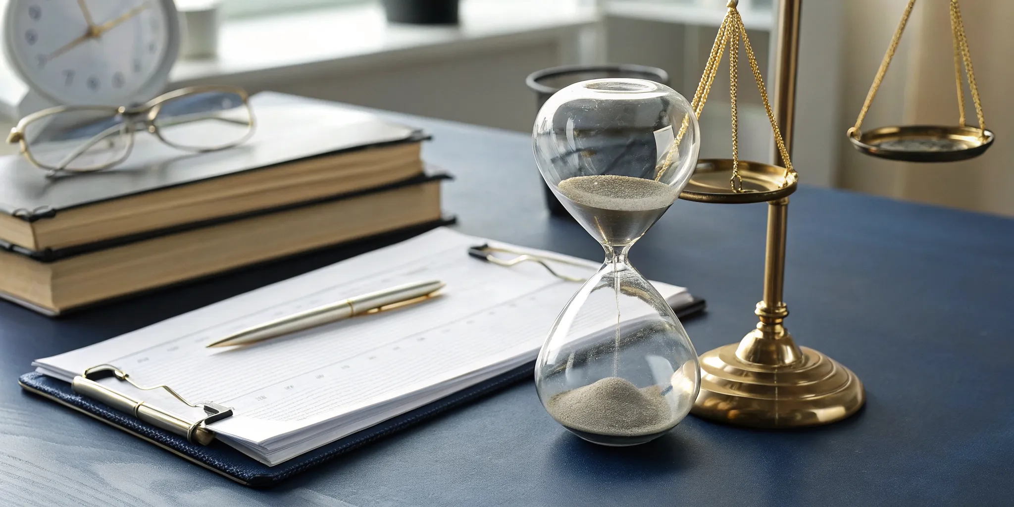 Texas statute of limitations for insurance negligence with an hourglass and legal scales.