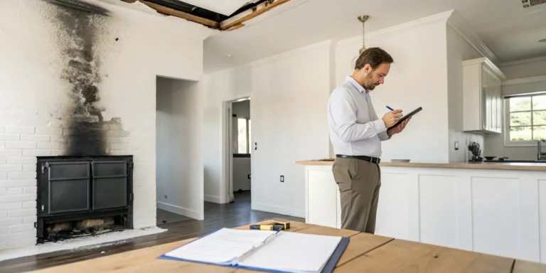 Insurance adjuster inspecting home fire damage for an underpaid claim.