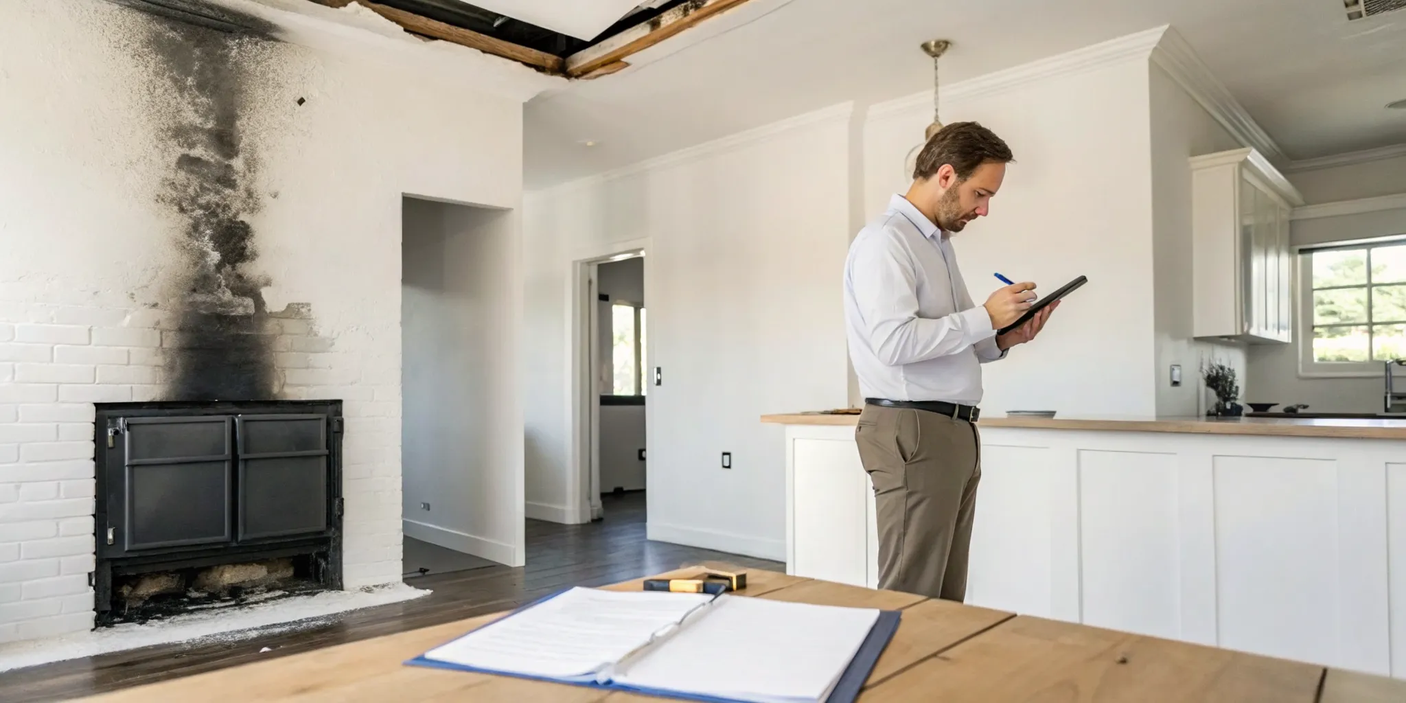 Insurance adjuster inspecting home fire damage for an underpaid claim.