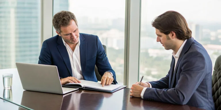 Two lawyers discussing the steps for suing someone while reviewing legal documents.
