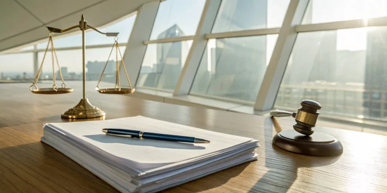 Gavel, scales of justice, and legal documents for suing a professional corporation.