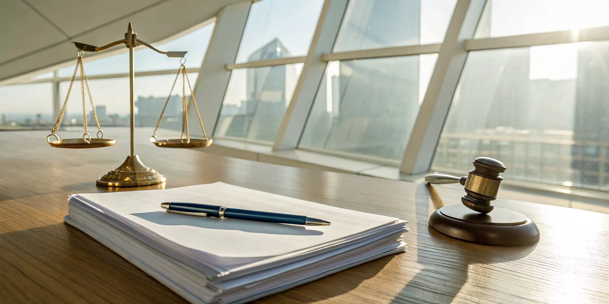 Gavel, scales of justice, and legal documents for suing a professional corporation.