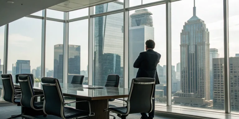 Commercial insurance claim dispute attorney in a high-rise office overlooking the city.