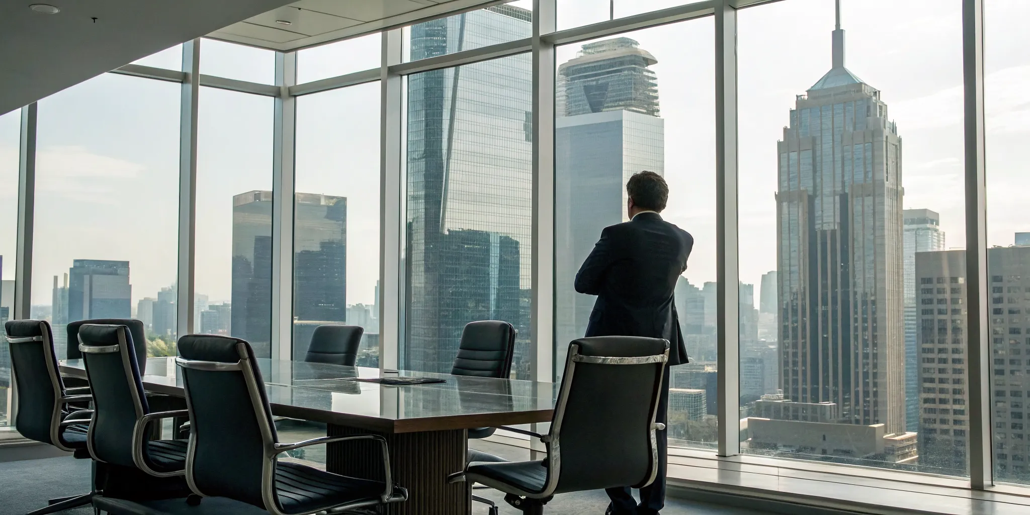 Commercial insurance claim dispute attorney in a high-rise office overlooking the city.