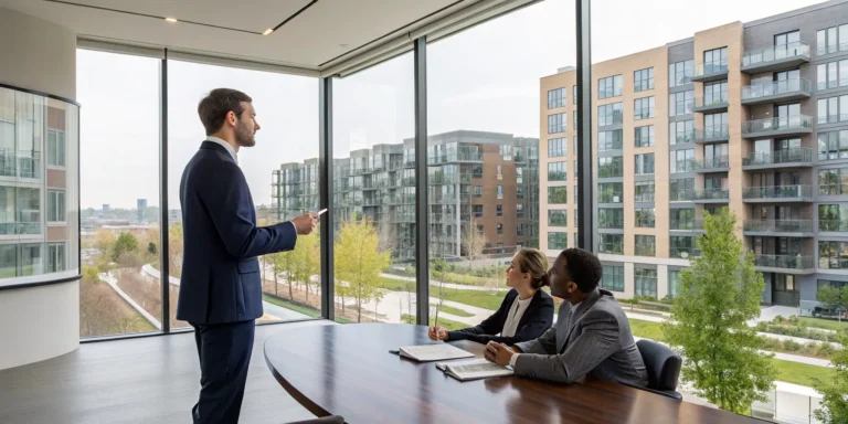 A multi-family property insurance attorney reviewing a claim with a client.