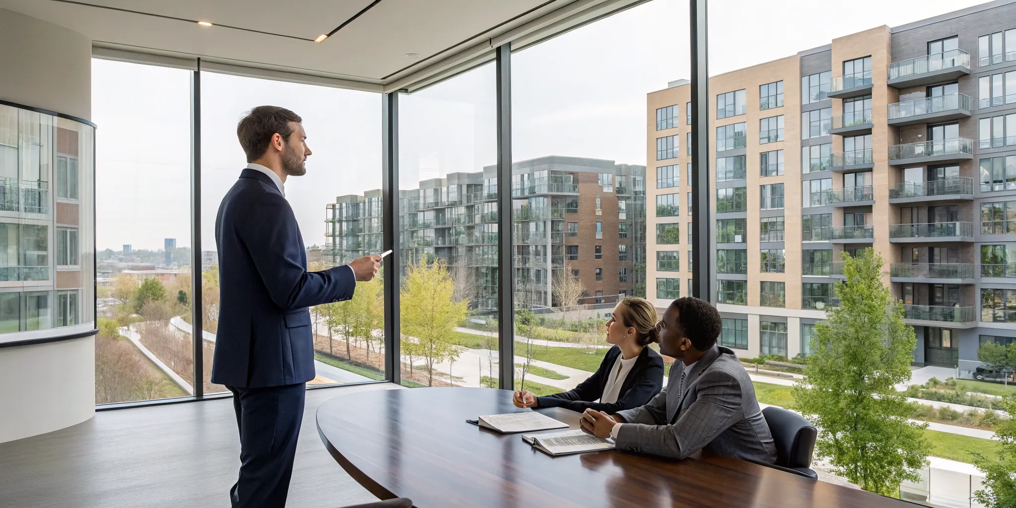 A multi-family property insurance attorney reviewing a claim with a client.