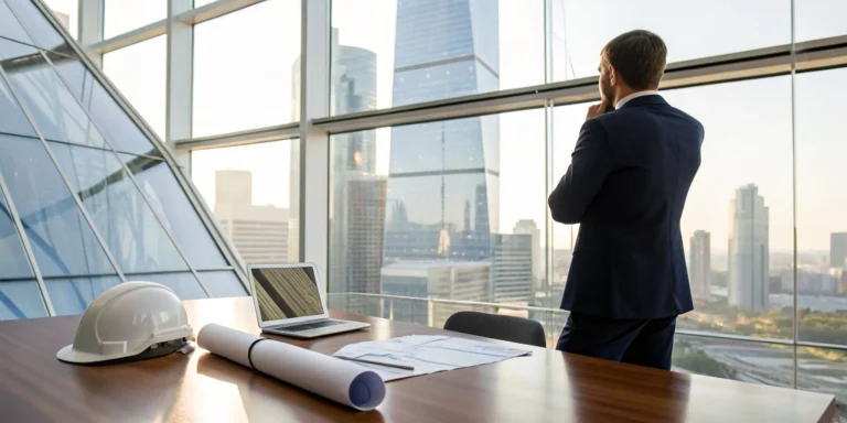 An attorney reviews blueprints for an office building fire claim.