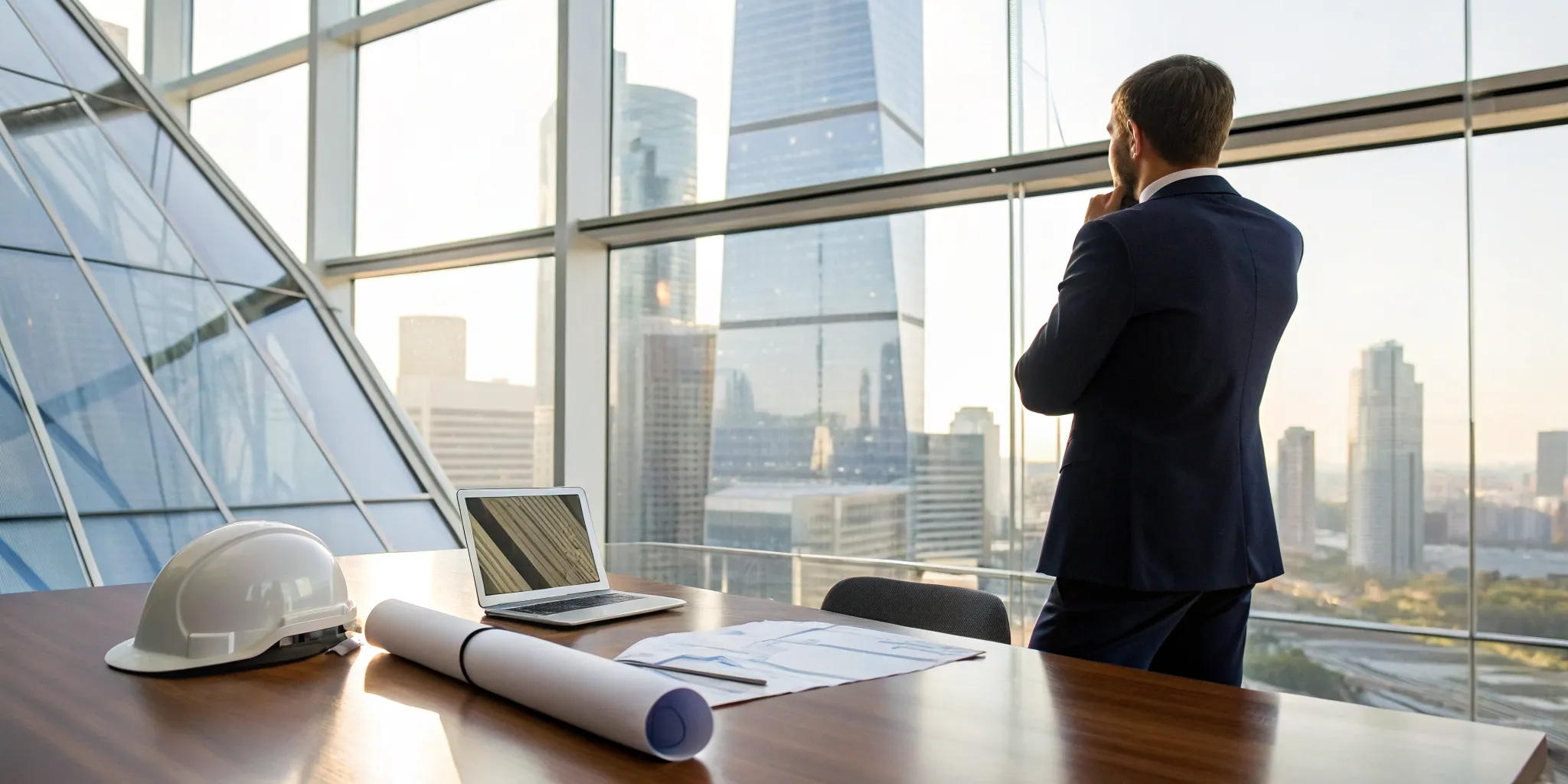 An attorney reviews blueprints for an office building fire claim.