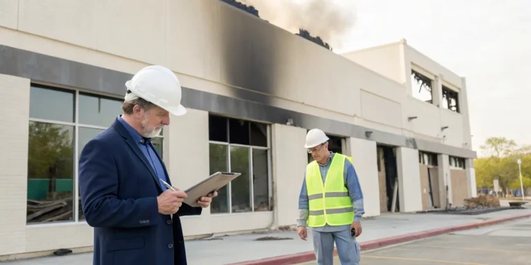 Workers assessing what to do after a commercial property fire by inspecting exterior damage.