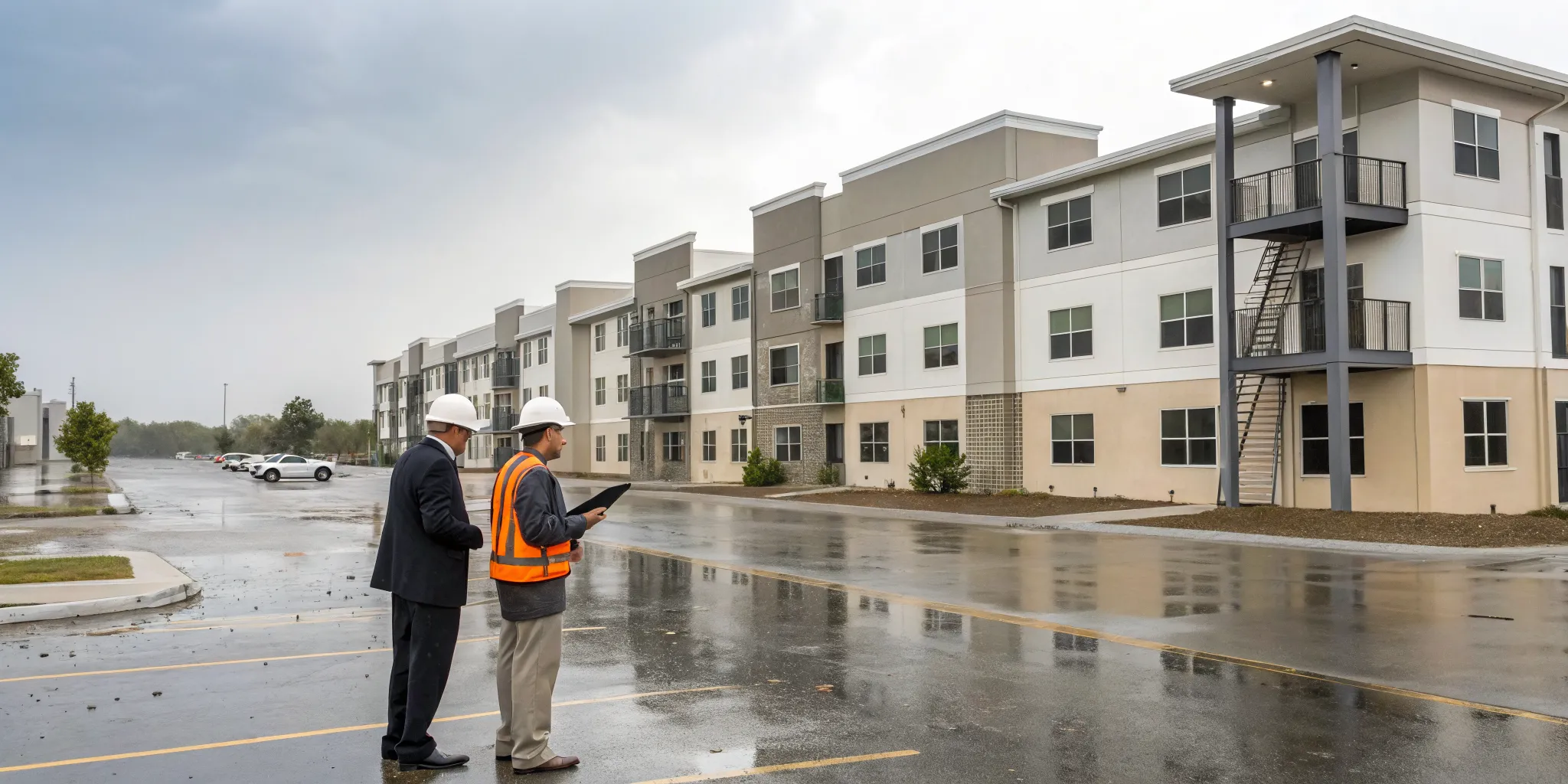 Inspectors assessing hail damage to an apartment building exterior.