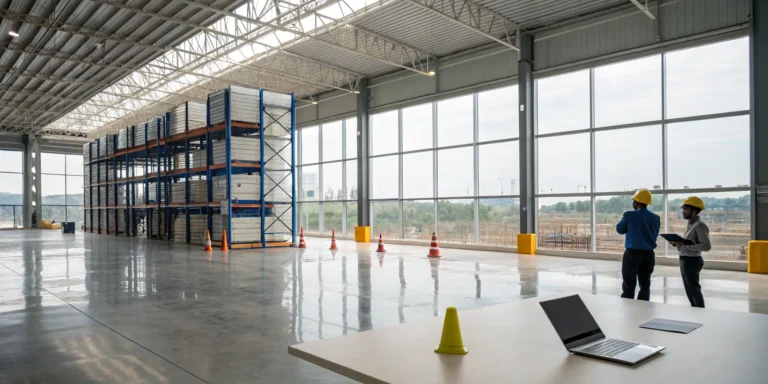 Inspectors assessing warehouse roof damage after an insurance claim was denied.