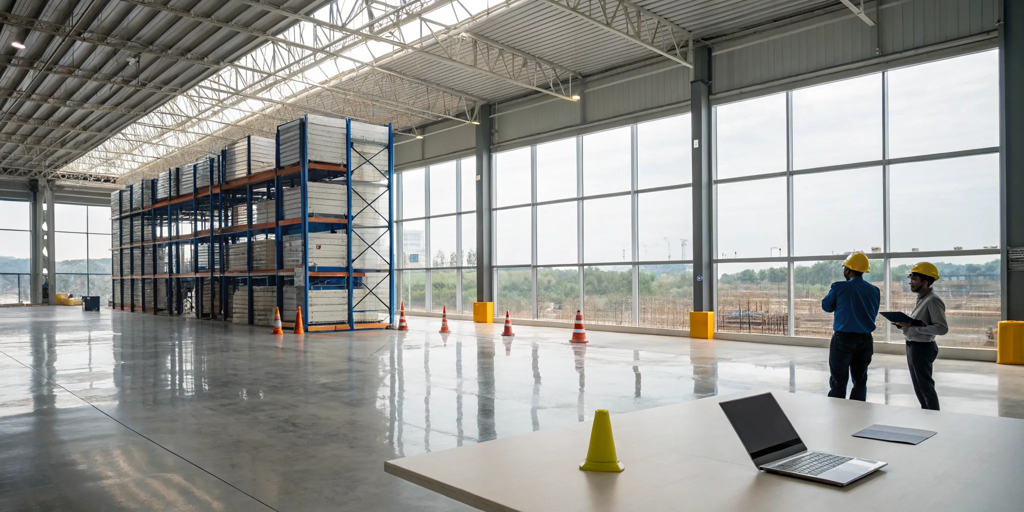 Inspectors assessing warehouse roof damage after an insurance claim was denied.
