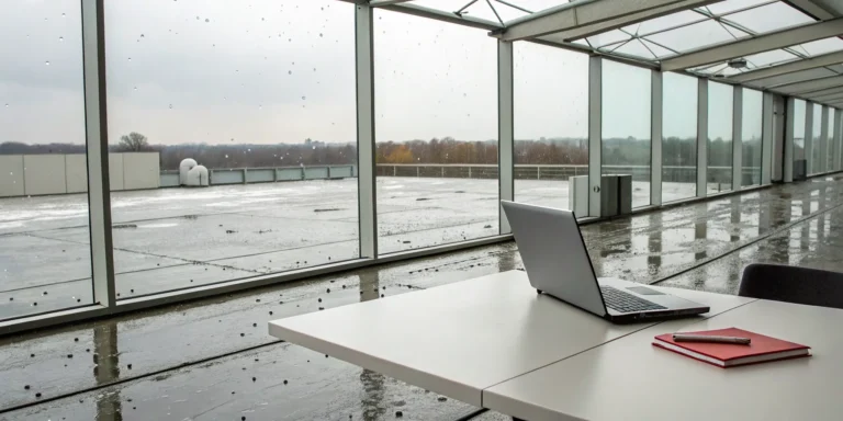 Business owner at a desk reviewing a denied insurance claim for hail damage to an office roof.