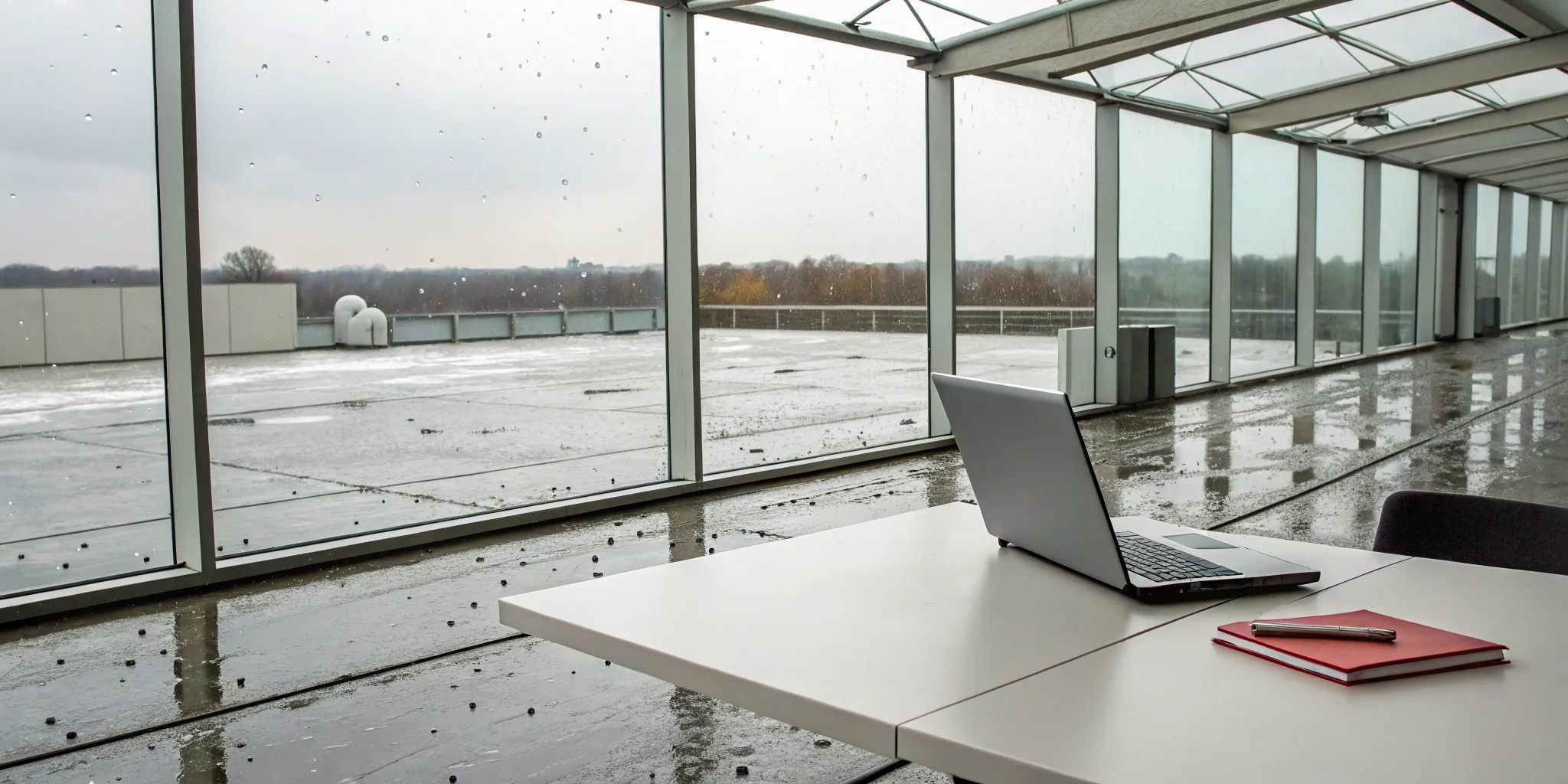 Business owner at a desk reviewing a denied insurance claim for hail damage to an office roof.