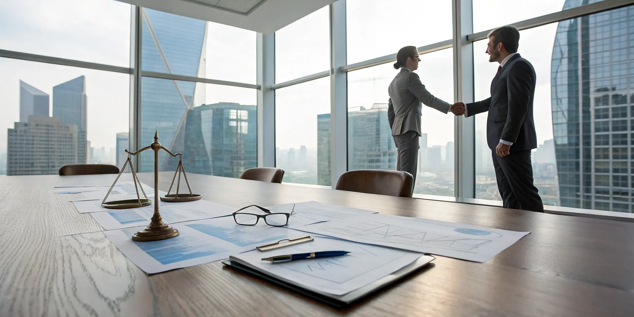 An office building insurance dispute lawyer shaking hands with a client after a successful settlement.