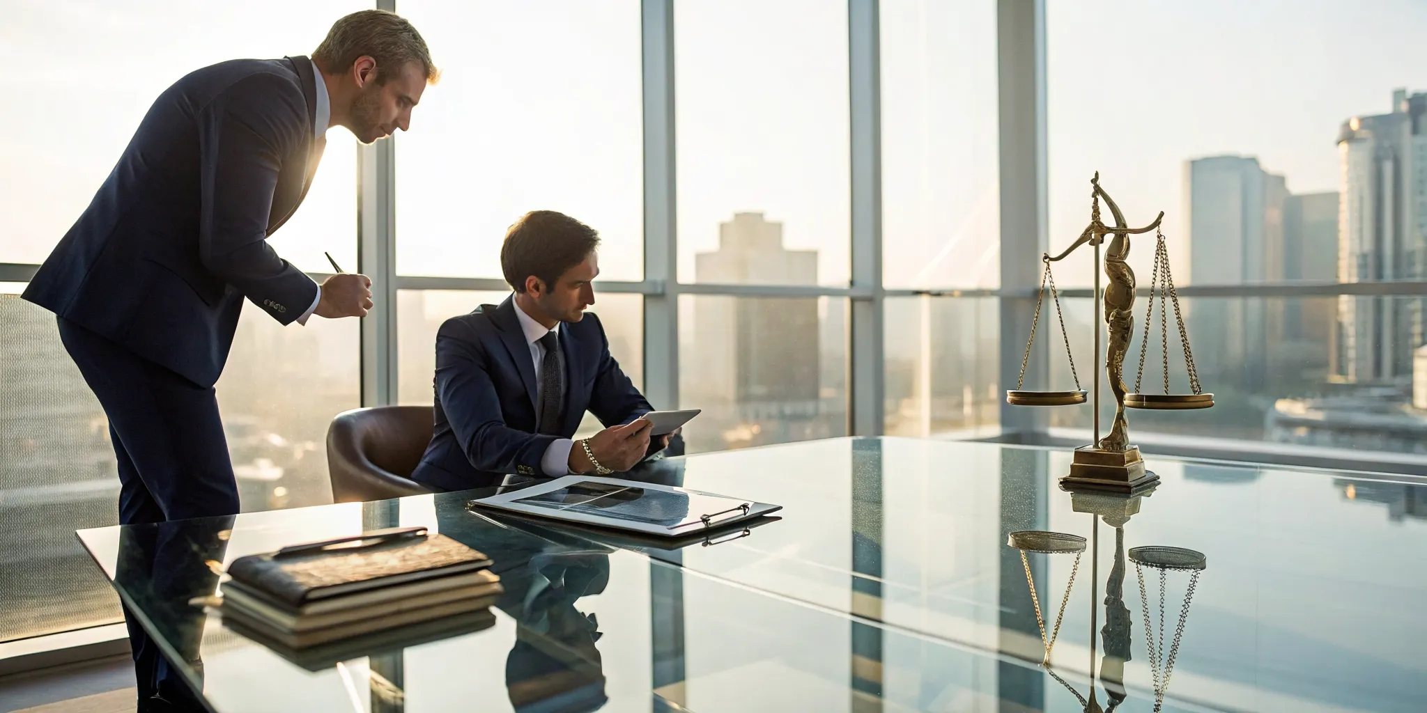 Commercial fire insurance lawyer reviewing claim documents in an office.