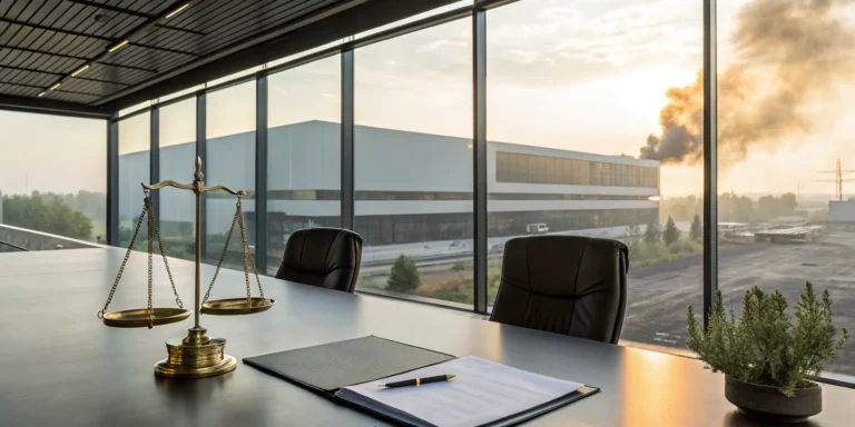 A lawyer's scales of justice sit before a warehouse fire during an insurance dispute.
