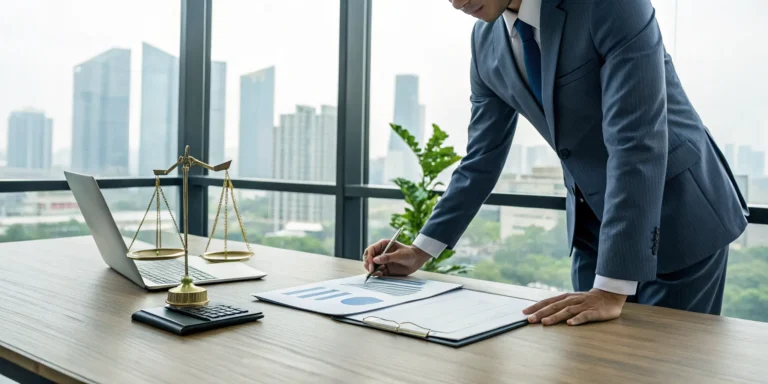 Attorney for a business income loss claim reviews documents with scales of justice.