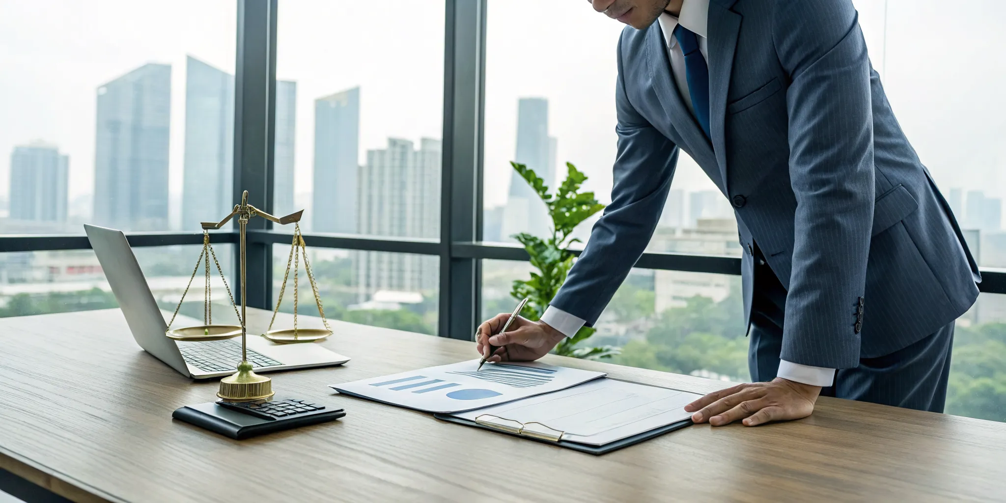 Attorney for a business income loss claim reviews documents with scales of justice.