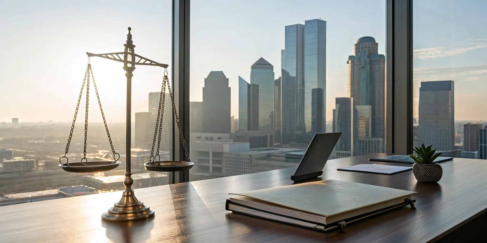 Scales of justice in a personal injury lawyer's Dallas, Texas office.