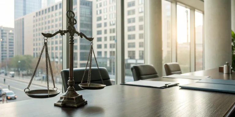 Scales of justice on a table in a pedestrian accident lawyer's office.