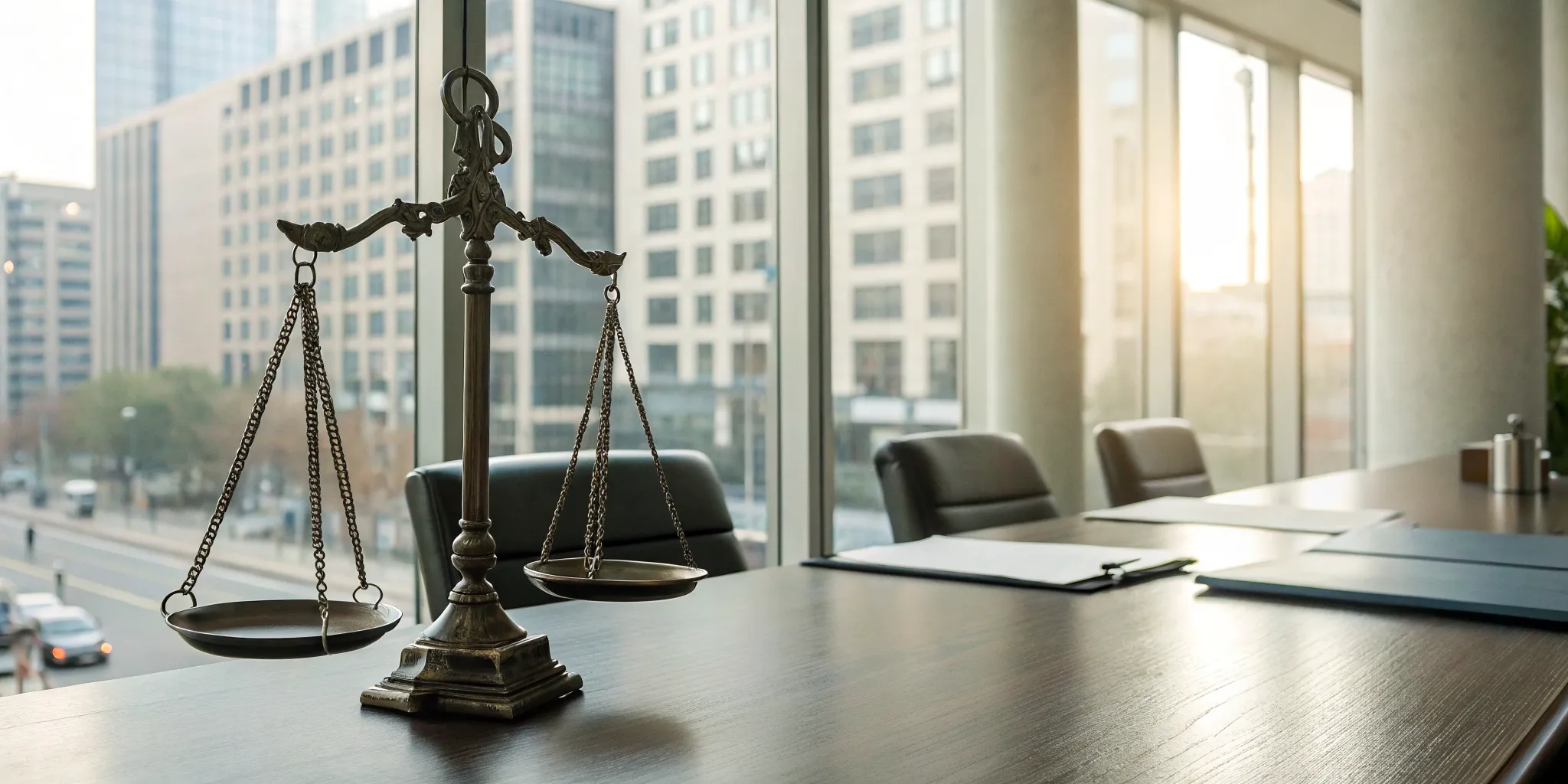 Scales of justice on a table in a pedestrian accident lawyer's office.