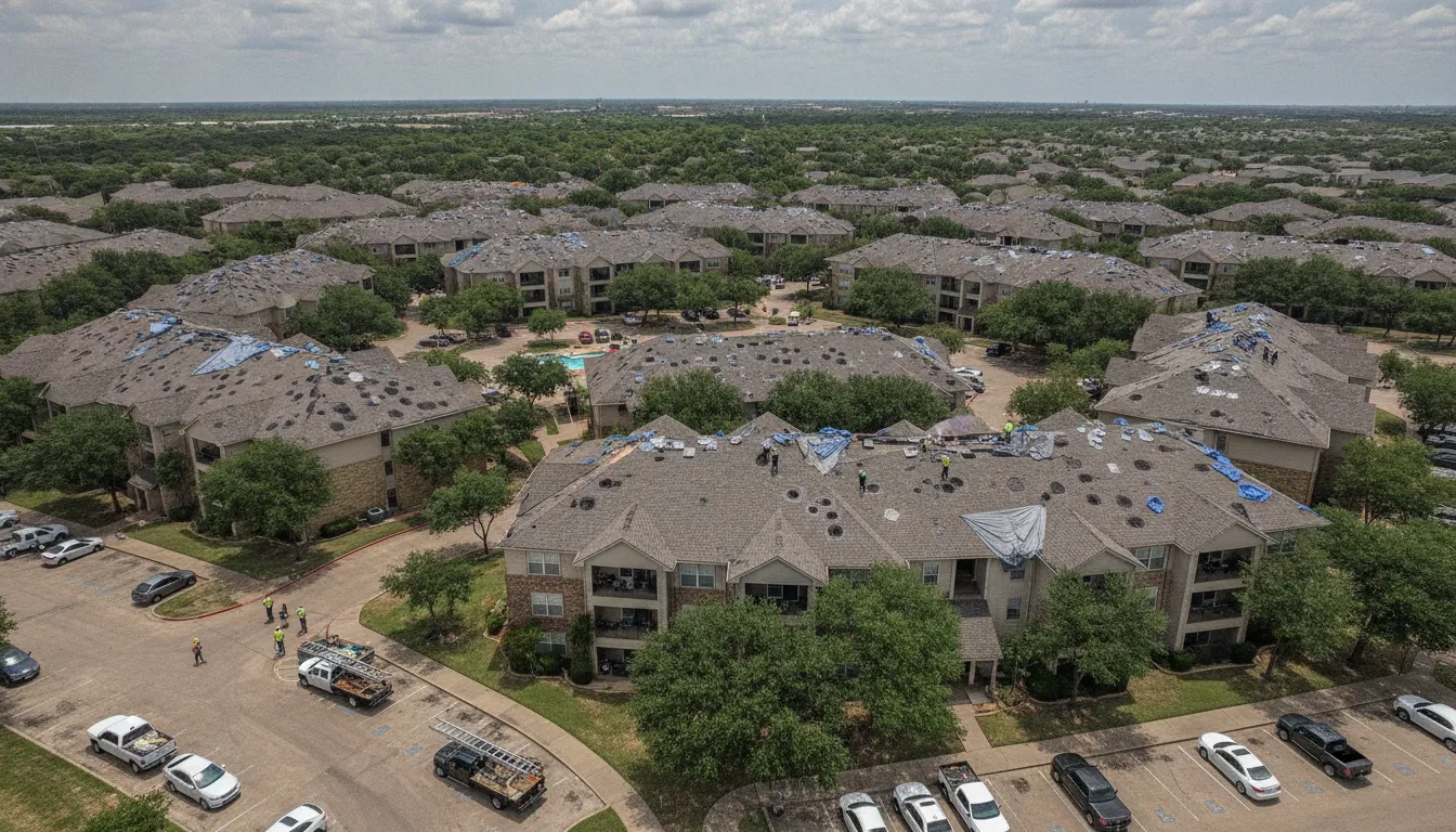 Texas apartment complex with hail-damaged roofs