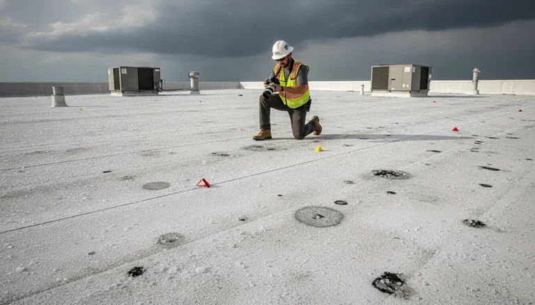 Inspector documenting hail damage on a commercial roof