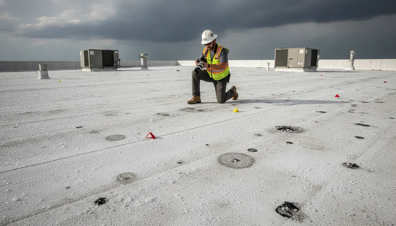Inspector documenting hail damage on a commercial roof