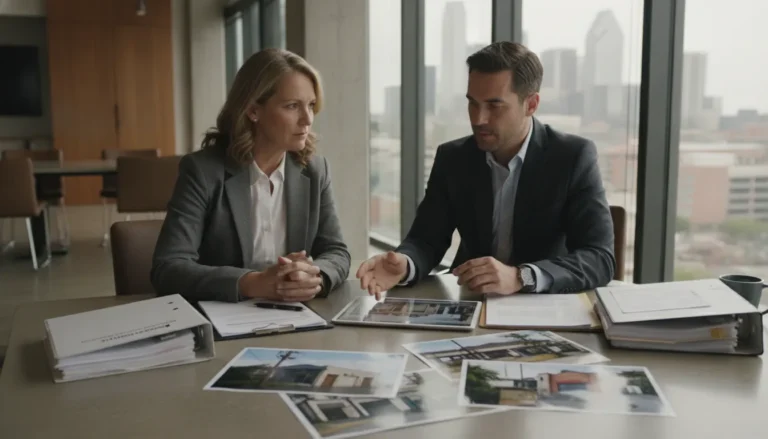 Commercial property owner reviewing an insurance claim with an attorney
