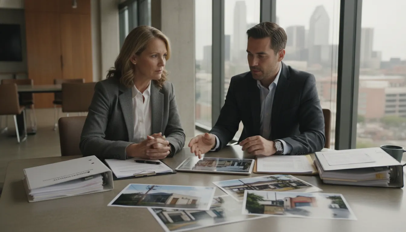 Commercial property owner reviewing an insurance claim with an attorney