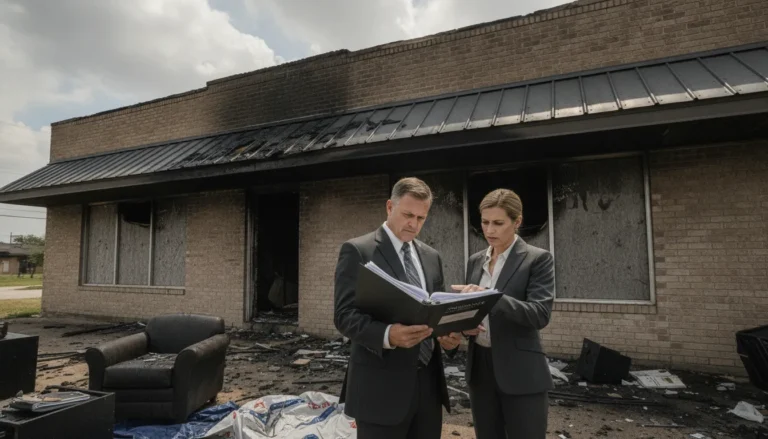 Commercial building after a fire with insurance documents