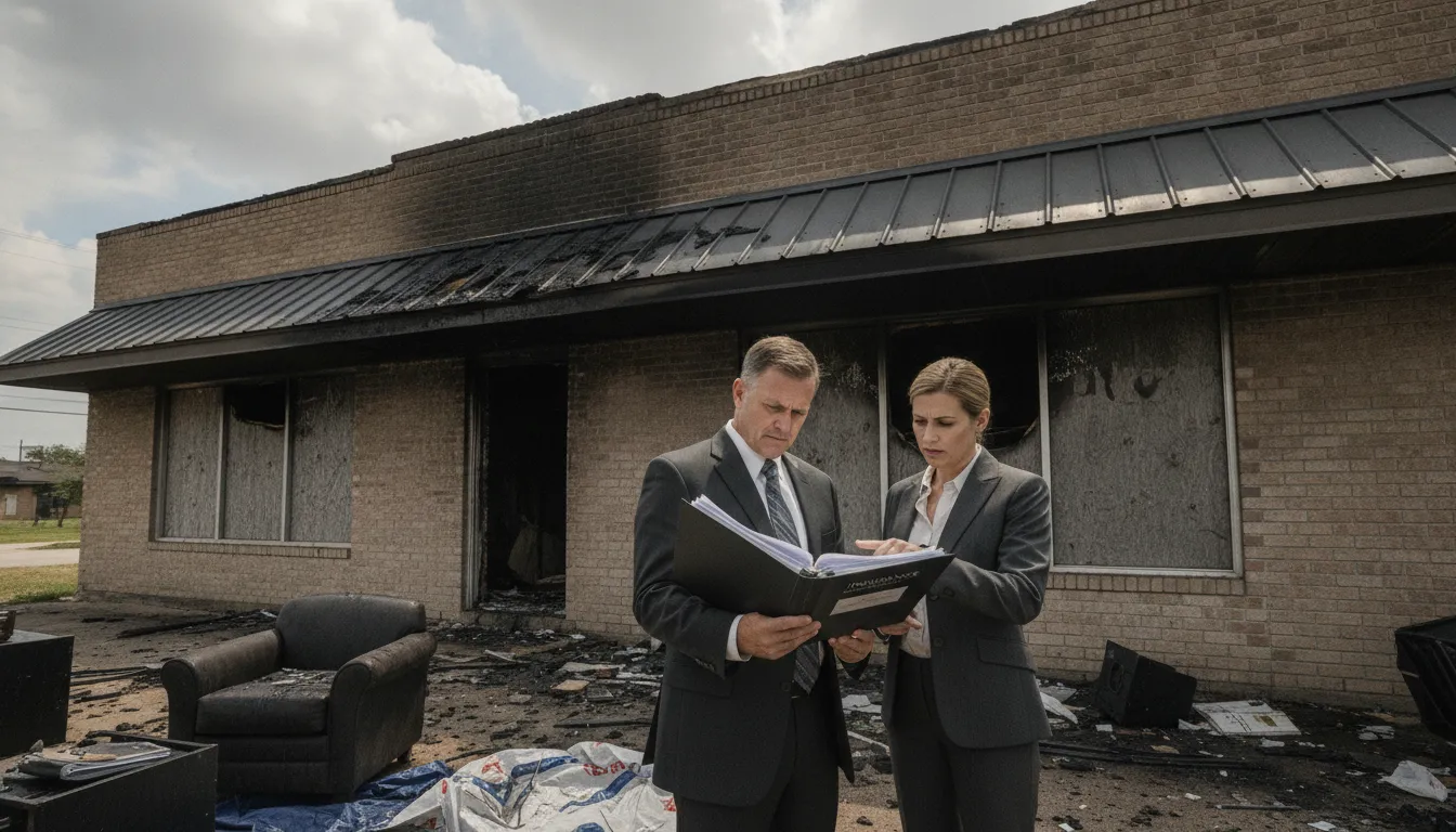 Commercial building after a fire with insurance documents