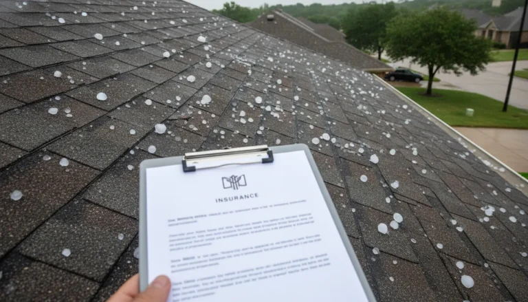 Hailstones on a Texas roof beside an insurance claim letter