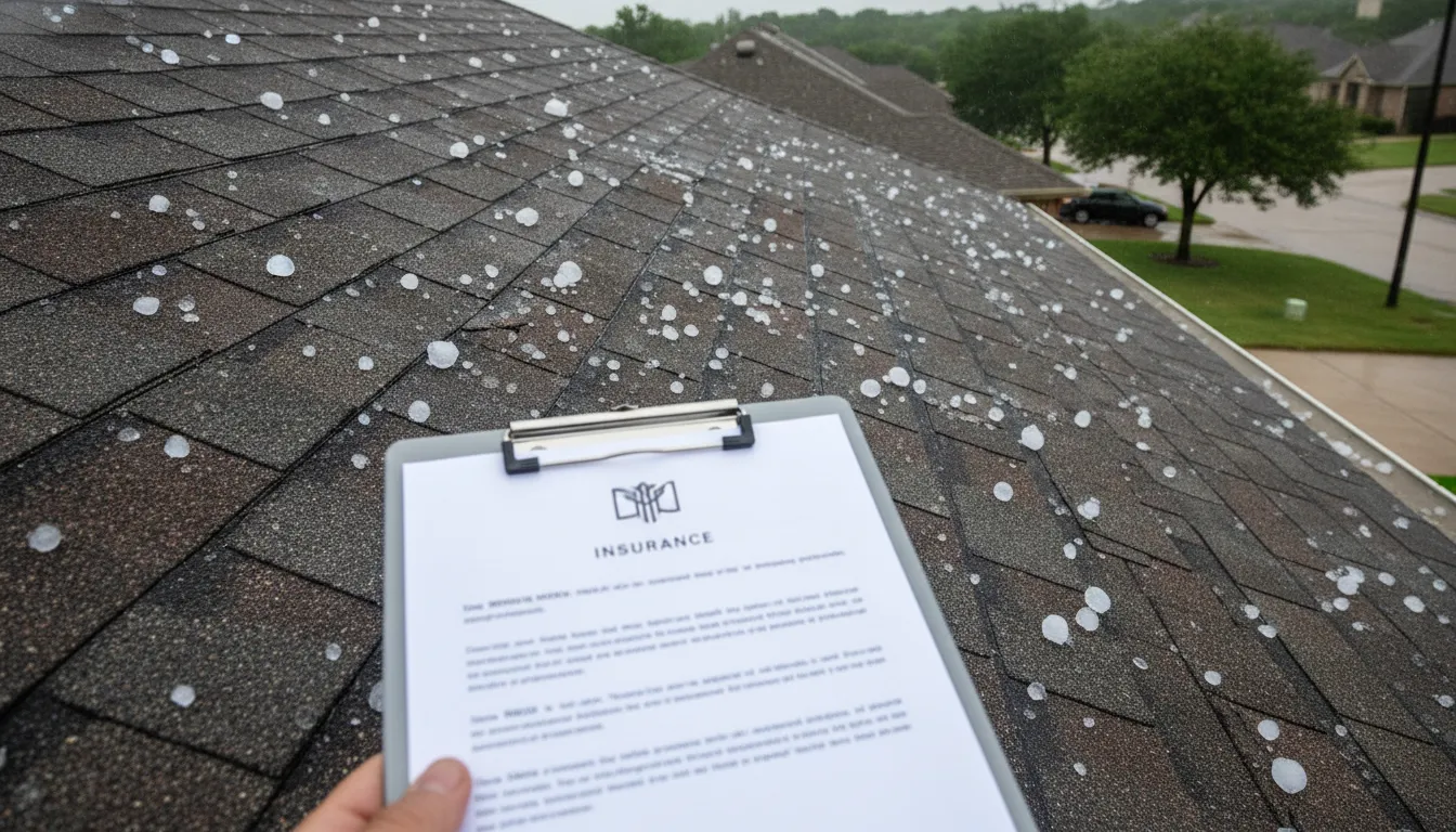 Hailstones on a Texas roof beside an insurance claim letter