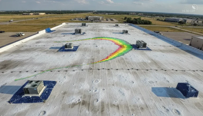 Commercial roof after a Texas hailstorm with weather track overlay