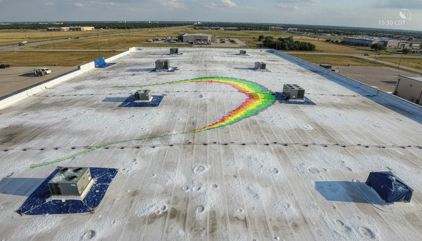 Commercial roof after a Texas hailstorm with weather track overlay