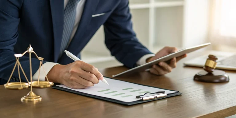 A checklist used to find a personal injury attorney sits on a desk with case files.