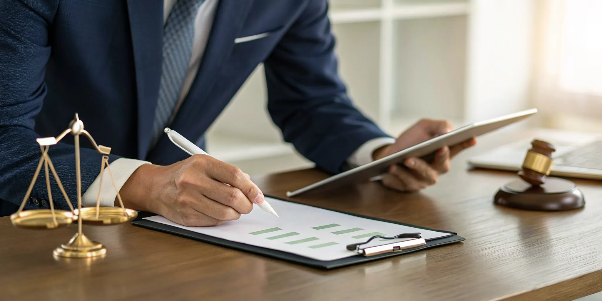 A checklist used to find a personal injury attorney sits on a desk with case files.